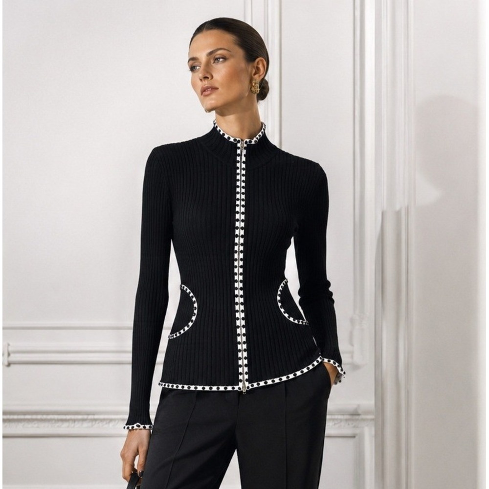 Cache' Y2K Black Silk Blend Ribbed Studded Full Zip Mock Neck Cardigan Sweater L